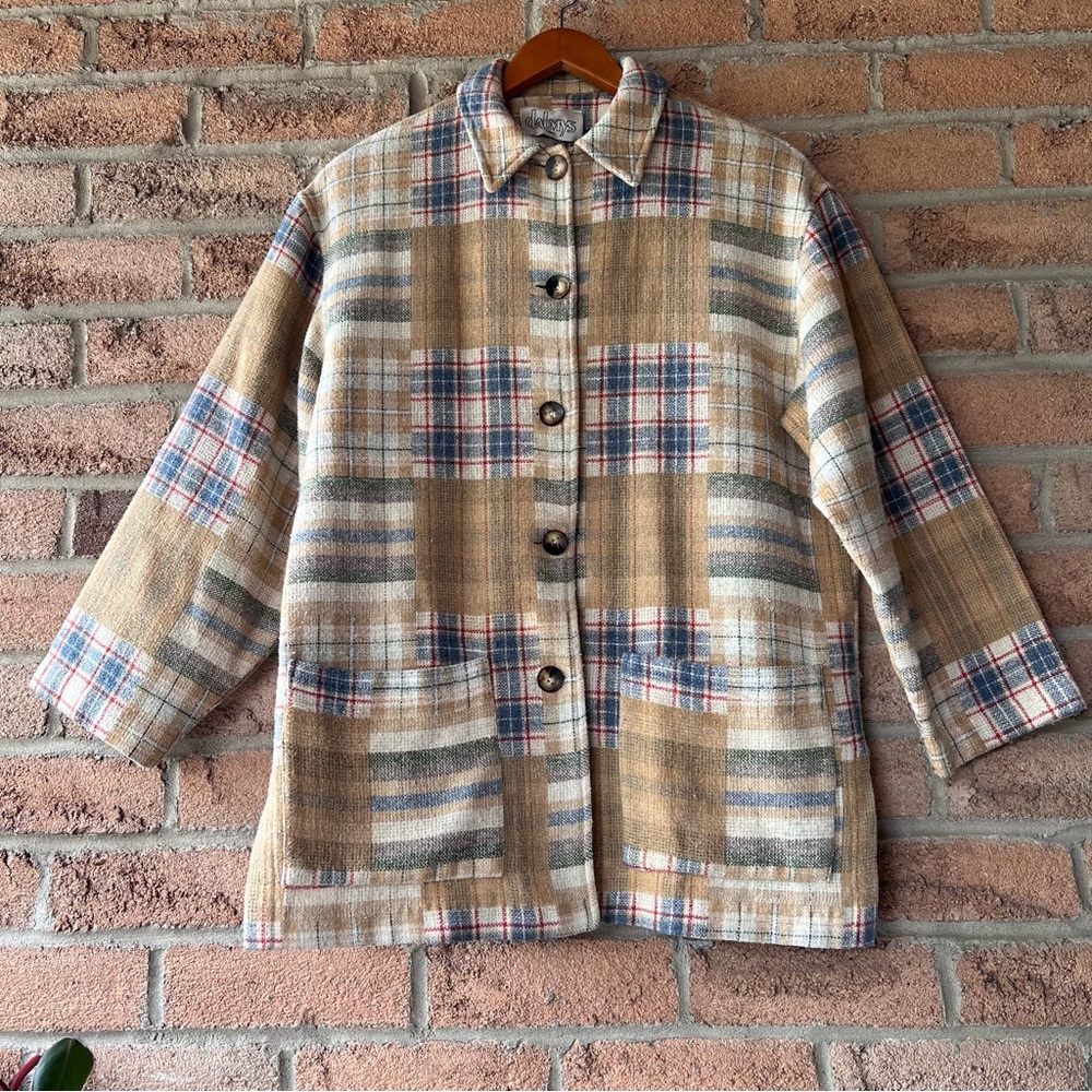 DALMYS | Cream, tan, & blue checked plaid rare vintage shacket jacket coat - Picture 9 of 12